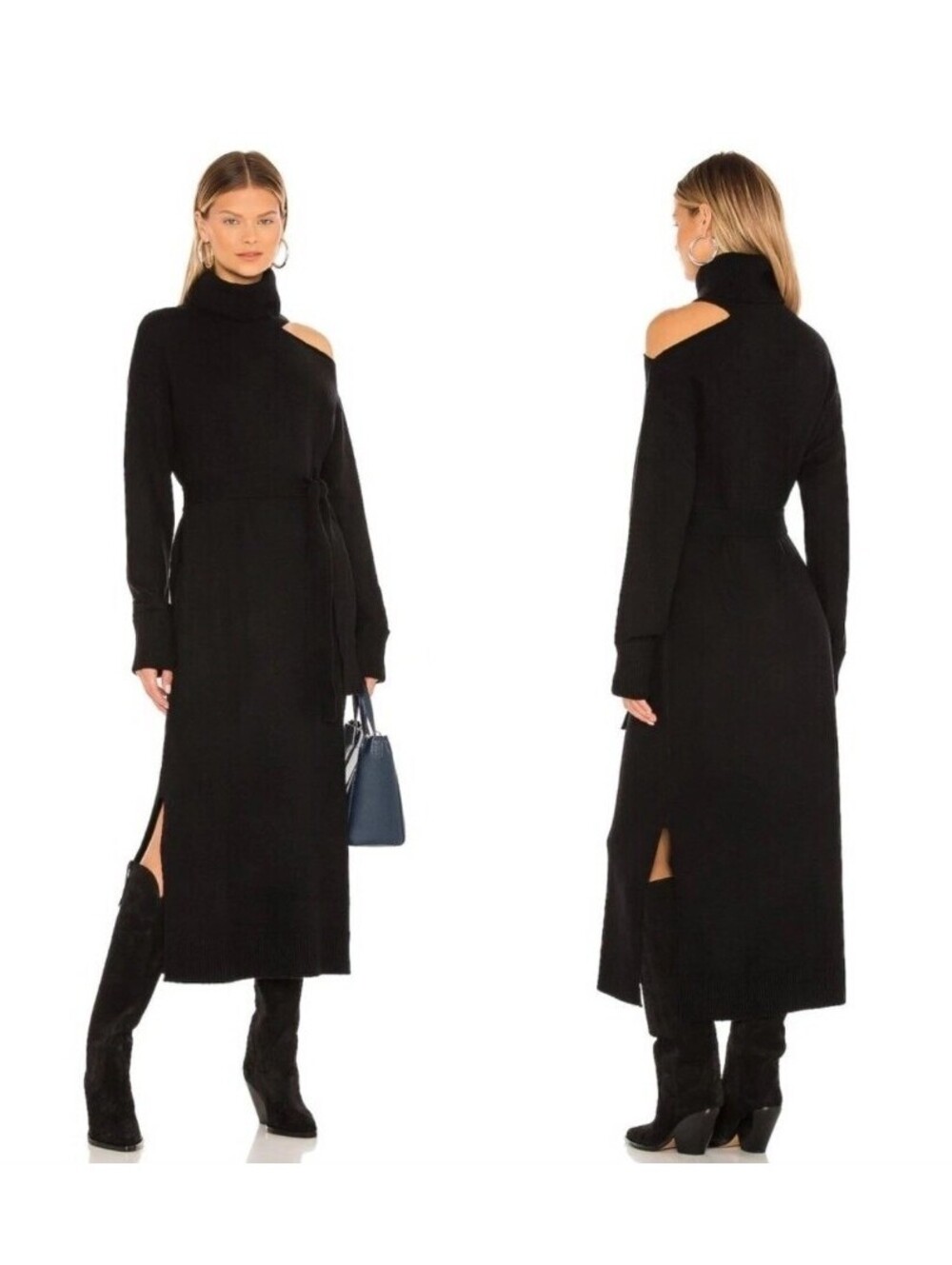 PAIGE Raundi Black Wool Cutout Shoulder Turtleneck Maxi Sweater Dress L